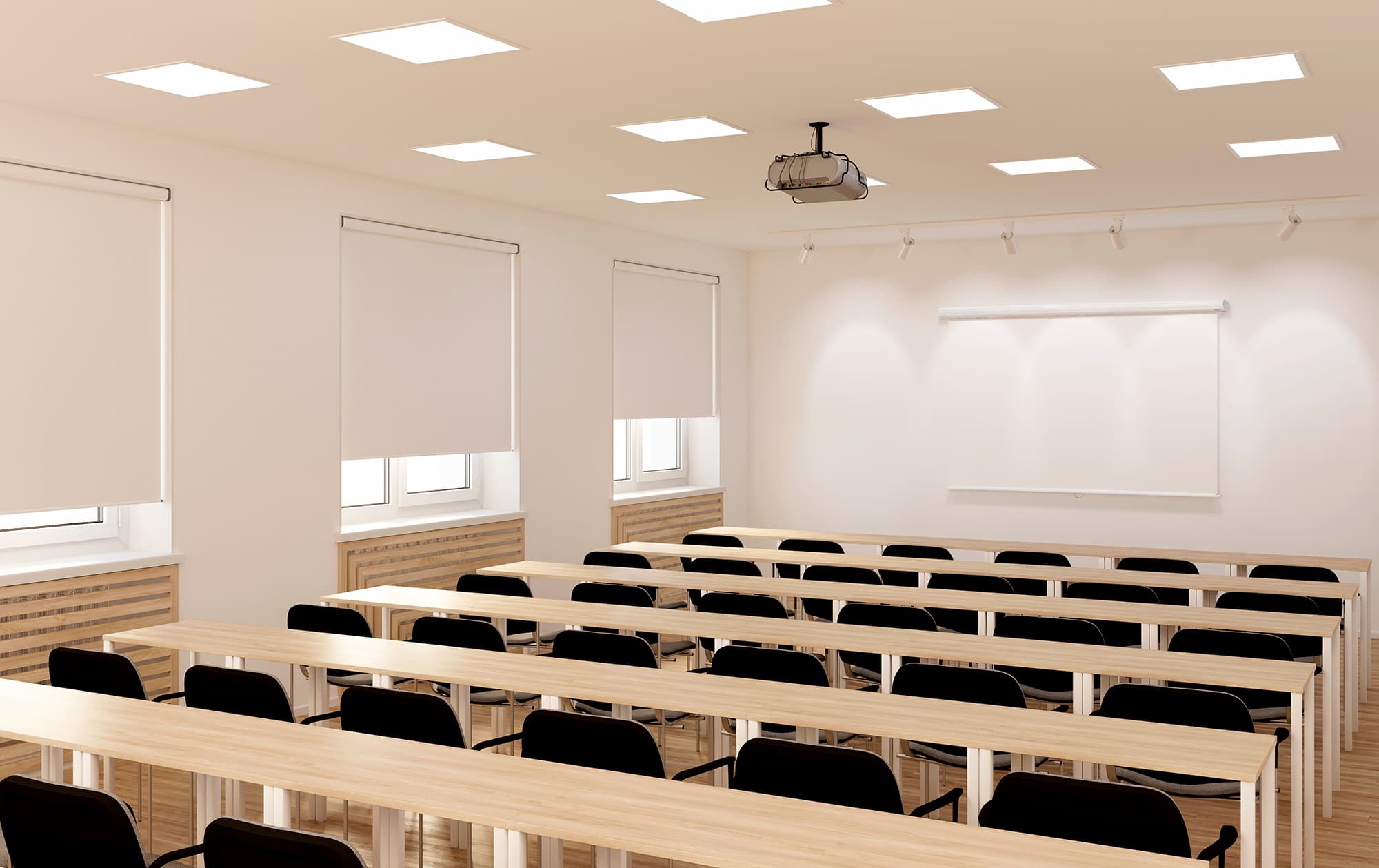 Classroom windows with blinds blackout projection screen on wall