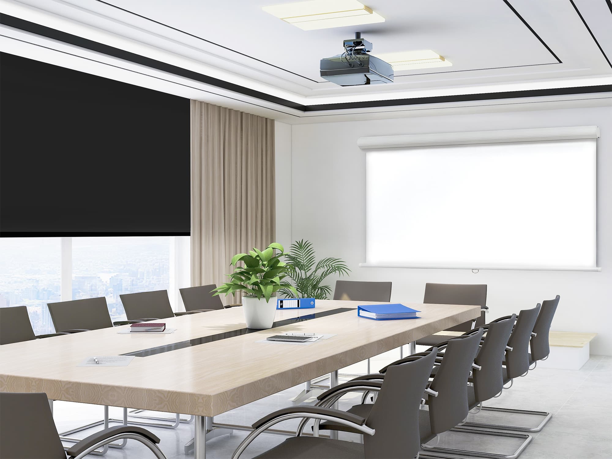 Conference room projection screen manual windows black out blinds