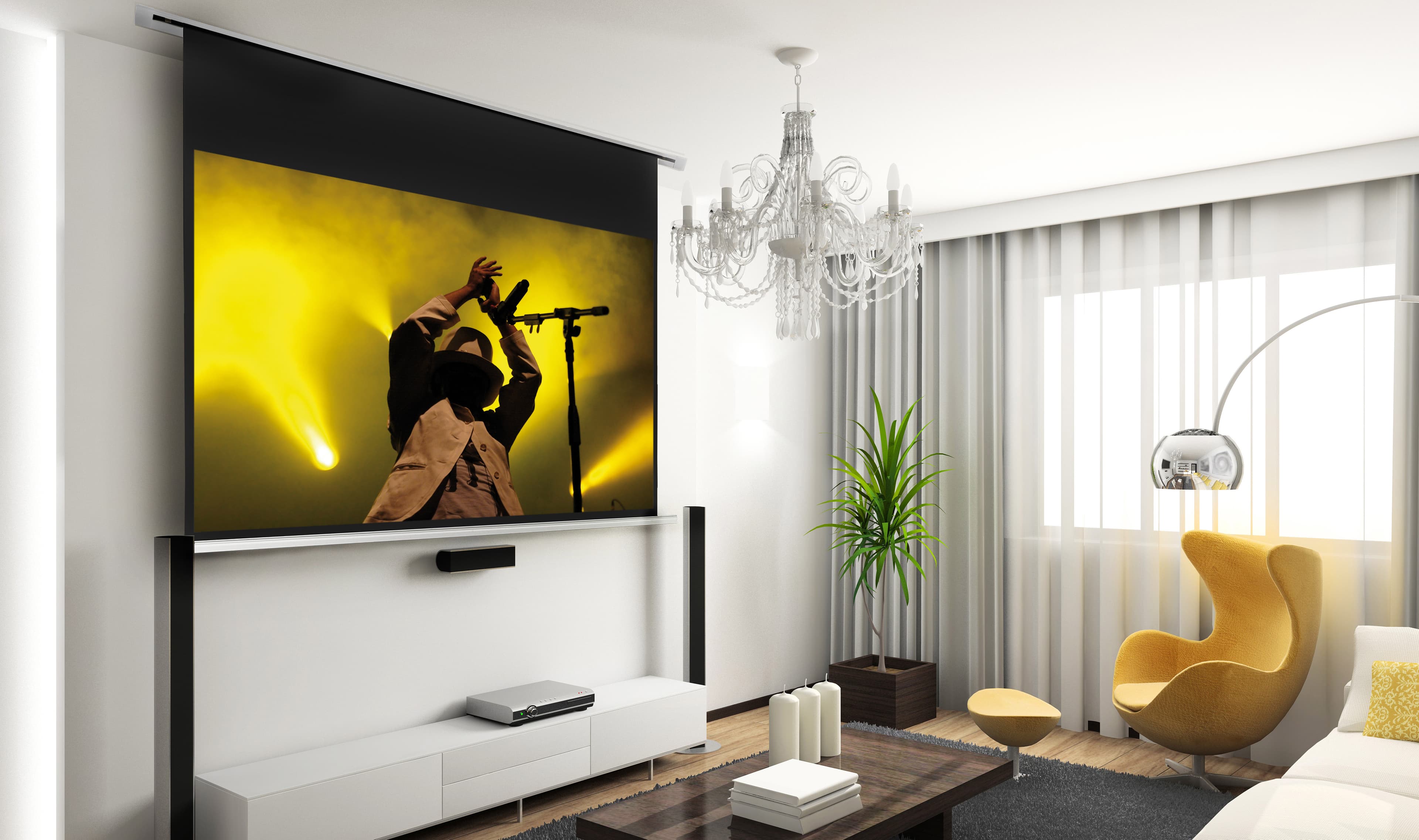Electric recessed projection screen living room